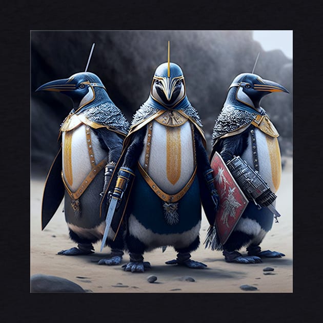 Knights of the Arctic: Penguin Trio Battles On by Stupid Coffee Designs